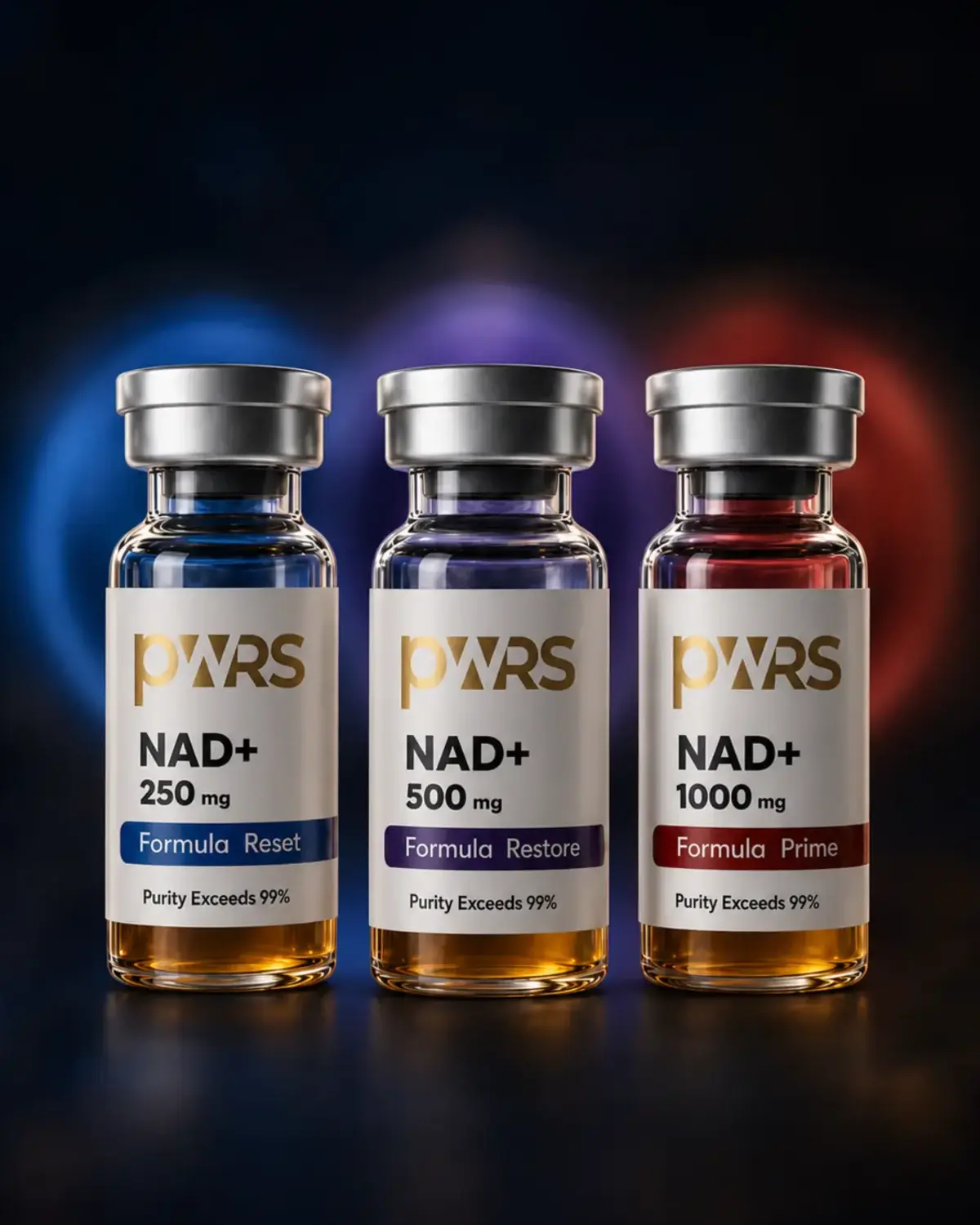 NAD+ — Purity exceeds 99% · Reset · Restore · Prime, NAD+ by PWRS